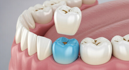 Modern dentistry innovation shows dental crown fitting over damaged tooth for restoration