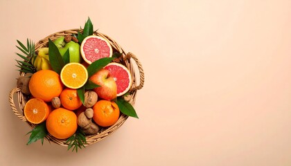 Vibrant Assortment of Fresh Fruits in Basket with Open Space for Text