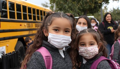 Young girls, with masks and backpacks, pose in front of a school bus, with other students and a chaperone behind them, in outdoor setting