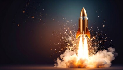 Dynamic Rocket Launch with Explosive Sparkles and Smoke on Dark Background