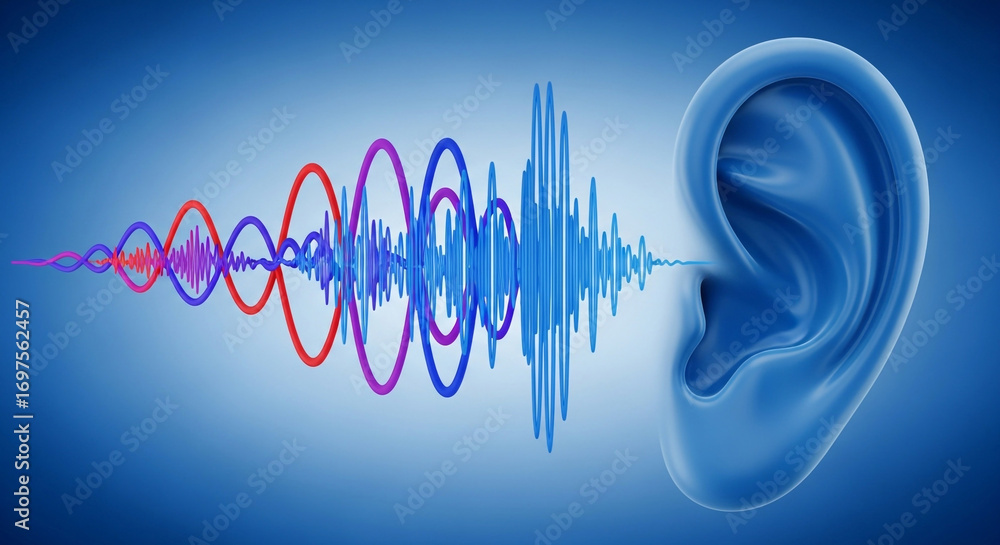 Poster capturing sound waves entering a blue ear, visualizing auditory perception and audio signals