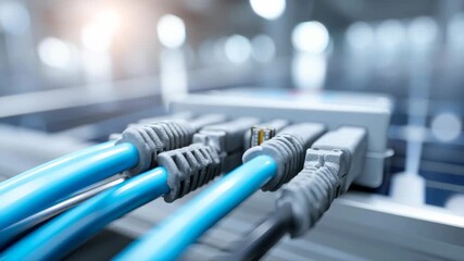 Community solar energy project showing network ethernet cable connections to inverter rooftop solar array with blue data cables for renewable power - Powered by Adobe