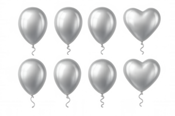 Silver metallic balloons, heart-shaped among round designs, floating weightlessly against clear backdrop for celebrations