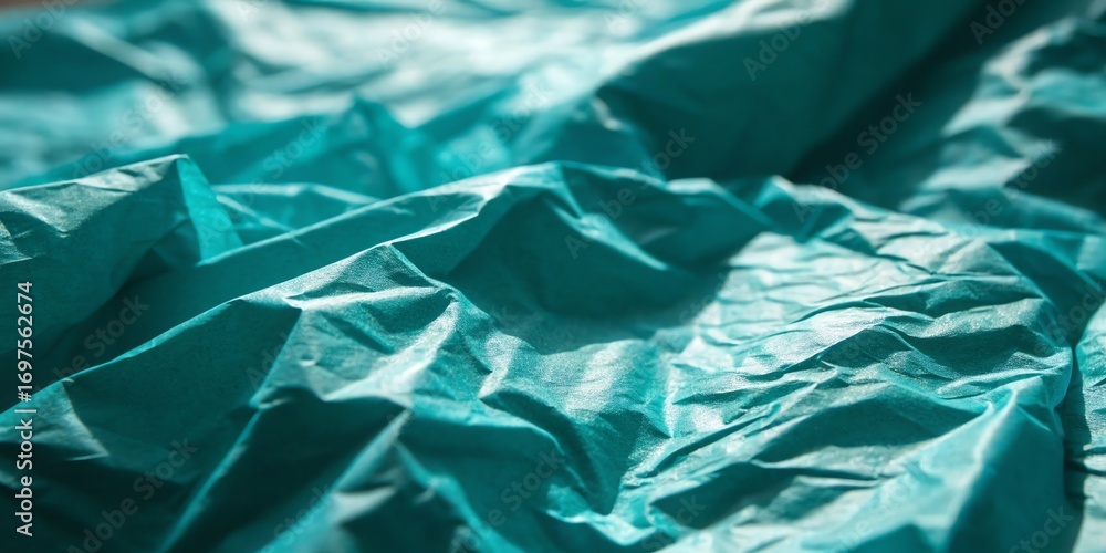 Poster abstract close-up texture of crumpled teal fabric with dynamic light and shadow play