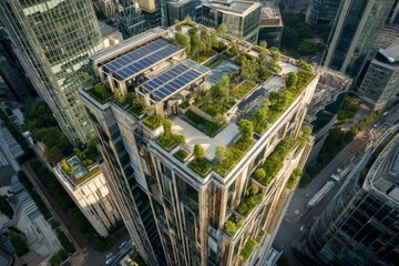 A modern skyscraper with eco friendly design features Rooftop gardens and solar panels shine in the sun The mood feels innovative and sustainable, Generative AI
