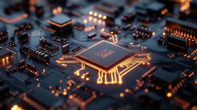 Close-up of a glowing microchip on a circuit board