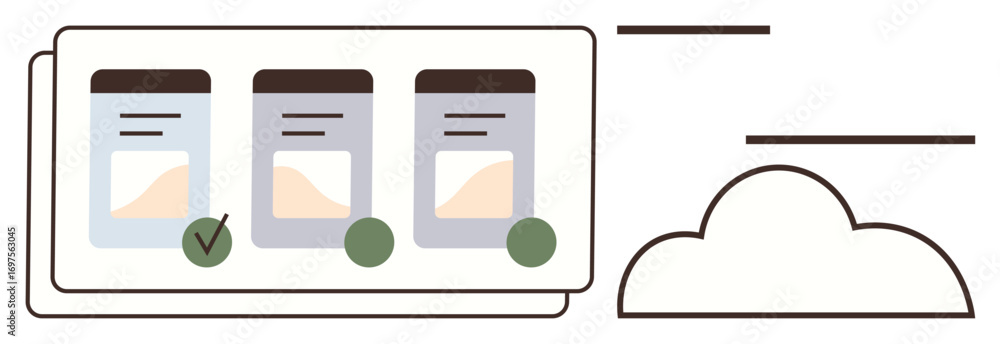 Poster task cards with checknotification icons represent progress tracking in a cloud system. ideal for wor
