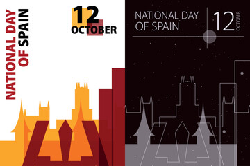 Spain National Day poster pack. Vector illustrations with Madrid city skyline and landmarks shape for holiday card, print, event, brochure. Modern template