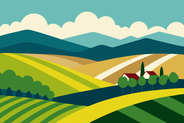 Obraz premium Stylized landscape with rolling hills farms and distant mountains under a cloudy sky