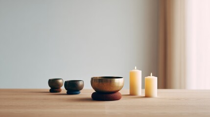 A serene arrangement of three bowls and two candles on a wooden table, highlighting minimalist decor and a calming atmosphere.
