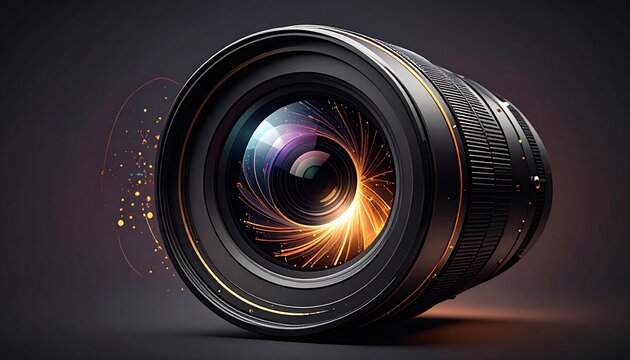 Abstract telephoto lens with vibrant light trails on a dark background