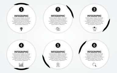 Business infographic with circular white diagram and 60-degree black border | Marketing representation with 6 steps or option with timeline and icon web, presentation