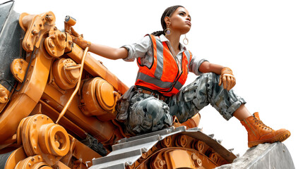 Fototapeta premium Resilience in Construction: A strong, determined individual sits atop heavy machinery, embodying the strength and precision of the construction industry.