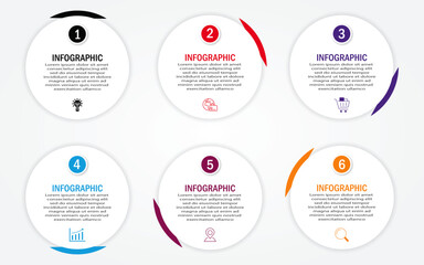 Business infographic with circular white diagram and 60-degree curve border | Marketing representation with 6 steps or option with timeline and icon web, presentation