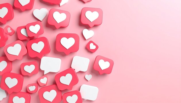 Pink-themed social media love icons scattered on a matching background