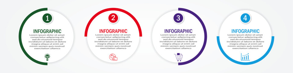 Business infographic with circular white diagram and 90-degree colourful border | Marketing representation with 4 steps or option with timeline and icon web, presentation