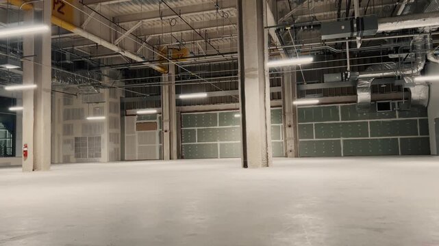 Modern Empty industrial interior space inside building. Camera moves from left to right showing empty space with columns and engineering communications.