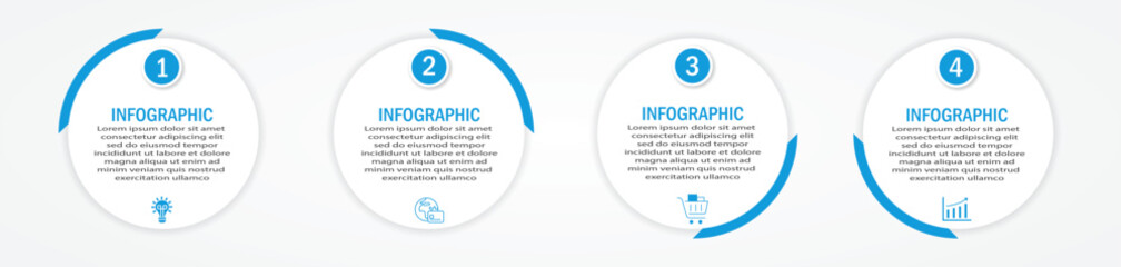 Business infographic with circular white diagram and 90-degree modern blue border | Marketing representation with 4 steps or option with timeline and icon