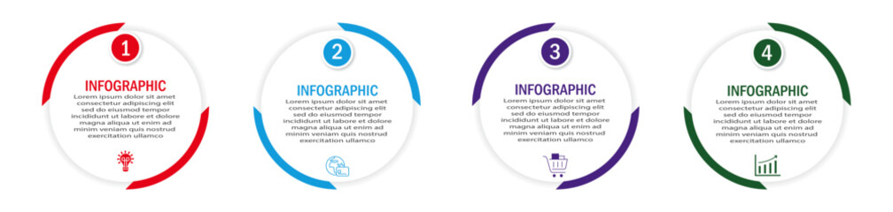 Business infographic with circular white diagram and 90-degree curve two side border | Marketing representation with 4 steps or option with timeline and icon for web, presentation