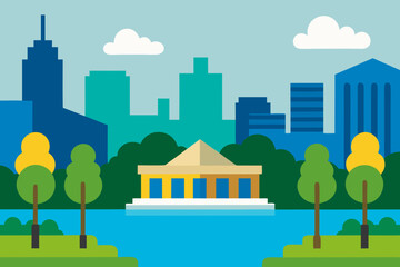 Obraz premium Modern flat design cityscape with park and lake