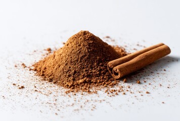 Ground cinnamon pile sits near a cinnamon stick on a light background, creating a warm, aromatic scene