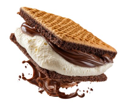 A triangular waffle sandwich, filled with creamy white topping and rich chocolate,  flying amid chocolate splashes