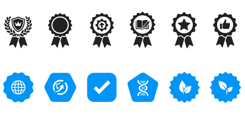 Set of award and certification icons. Black badge ribbons with crowns, stars, thumbs up, books, gears, plus blue eco, DNA, checkmark, and global icons. Vector style, isolated.