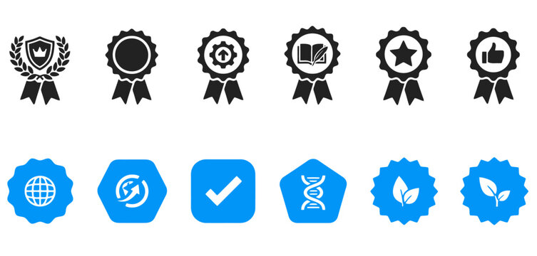 Set of award and certification icons. Black badge ribbons with crowns, stars, thumbs up, books, gears, plus blue eco, DNA, checkmark, and global icons. Vector style, isolated.