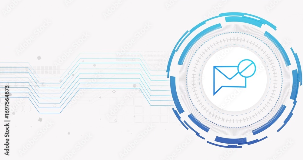 Aufkleber sending data from circular interface on dashboard, with envelope icon, concentric rings, copy space