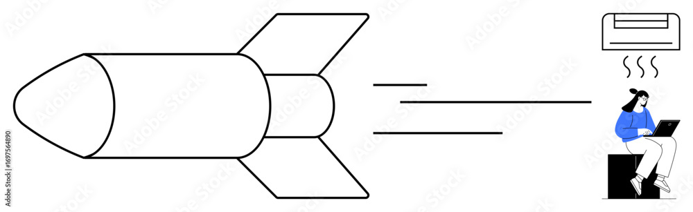 Aufkleber rocket with dynamic trails representing progress and speed next to seated figure using a laptop in c