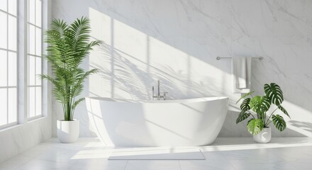A modern minimalist bathroom with a freestanding bathtub, large windows, and lush green potted plants