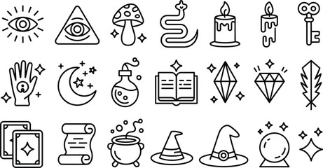Mystical and magical symbols and icons in a clean line art style witchcraft