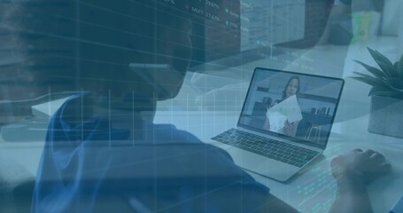 Sitting man in shirt joining call at home, with laptop notebook succulent and financial overlays