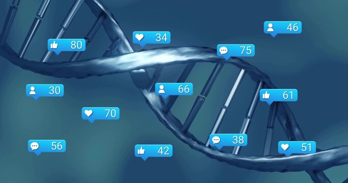 Rotating metallic DNA double helix spiraling in digital art with social media notification icons