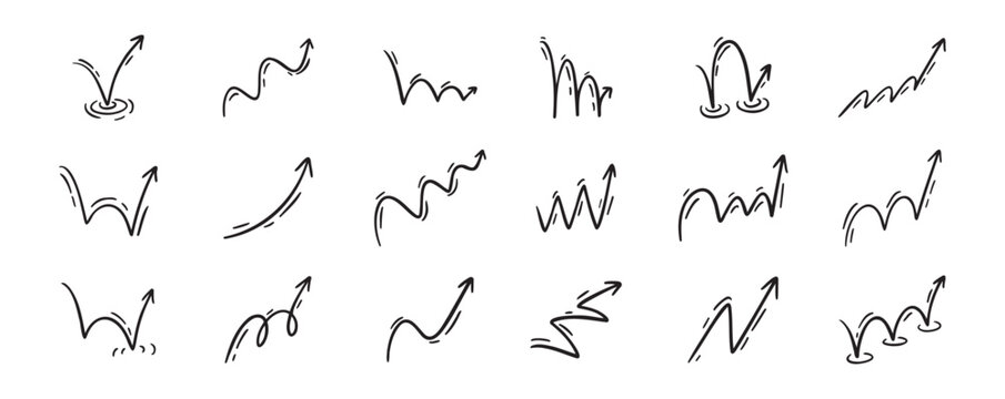 Bounce effect arrows doodle set. Manga and comic stile arrow design elements. Ball jump trajectory, ball motion expression
