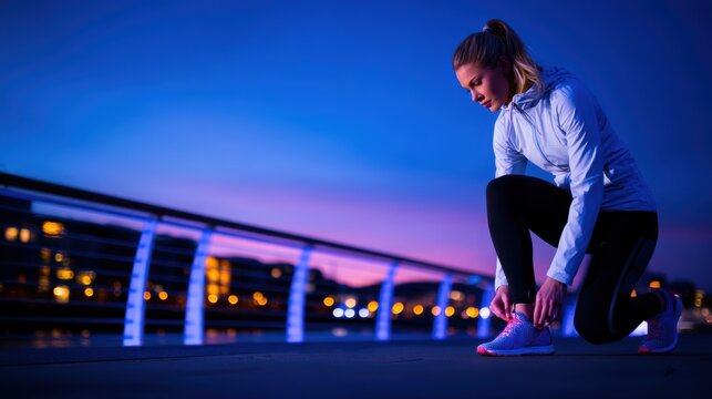 Female runner tying shoelaces at twilight near a waterfront, city lights glowing in the background