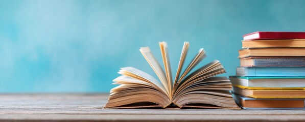 Open book sits on wooden table next to a stack of colorful books against a soft blue background, creating a serene, scholarly ambiance