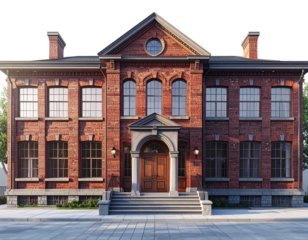 Classic Two-Story Red Brick School Building with Windows and Entrance