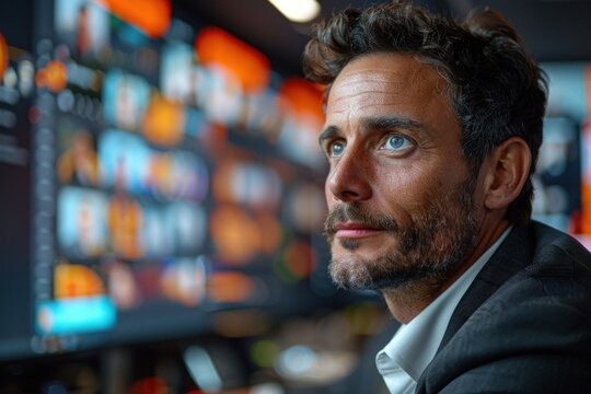 Concentrated Data Analyst Working at His Desk Late at Night