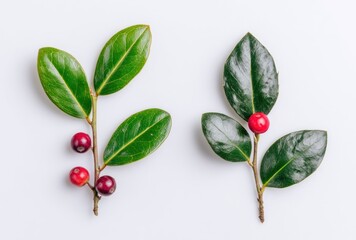 Two sprigs of holly with shiny green leaves and bright red berries against a clean, white background