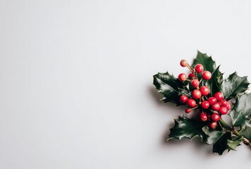 Sprig of dark green holly leaves with clusters of bright red berries on a clean, white background