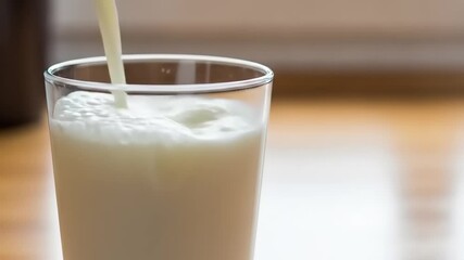 Pouring fresh milk into a glass on a wooden table, with a soft-focus kitchen background - Powered by Adobe