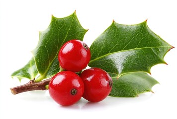 Vibrant sprig of holly. Three bright red berries are clustered near spiky, glossy green leaves. The twig's brown. Isolated on white