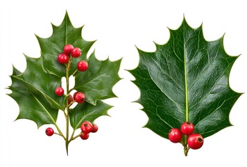 Two vibrant holly sprigs isolated against white one adorned with bright red berries, and another showing a single berry cluster