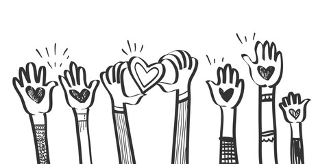 Doodle hands up, Hands clapping with love. Concept of charity and donation. Give and share your love to people. applause gestures