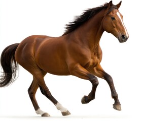 Chestnut horse galloping swiftly on a white background, mane flowing, capturing dynamic movement, side view