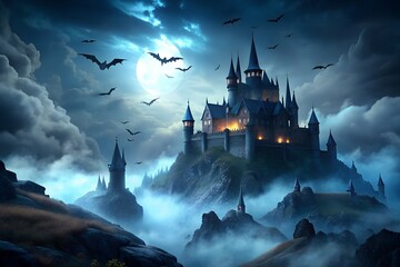 Spooky haunted castle on a hill at night with bats flying under a full moon and clouds