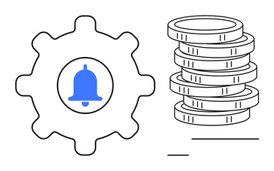 Gear with embedded notification bell and a stack of coins reflects financial updates, automation, efficiency, and alerts. Ideal for finance, technology, business, productivity, optimization