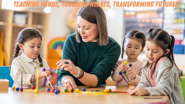 teacher helping students in classroom