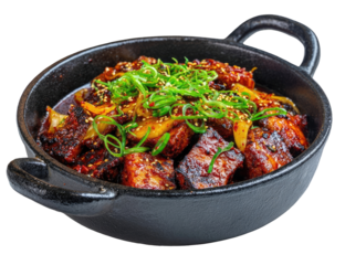 Spicy, savory pork in a cast-iron pan
